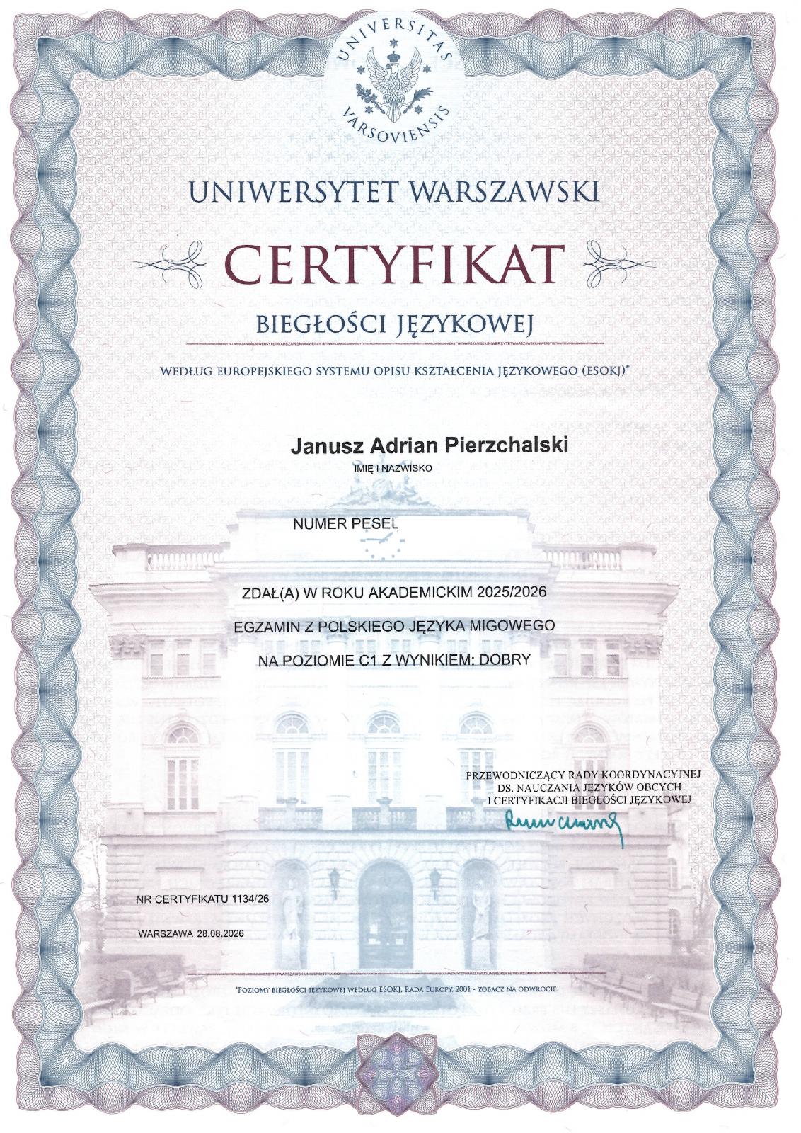 Skan: Certyfikat znajomości PJM C1 Janusza Pierzchalskiego