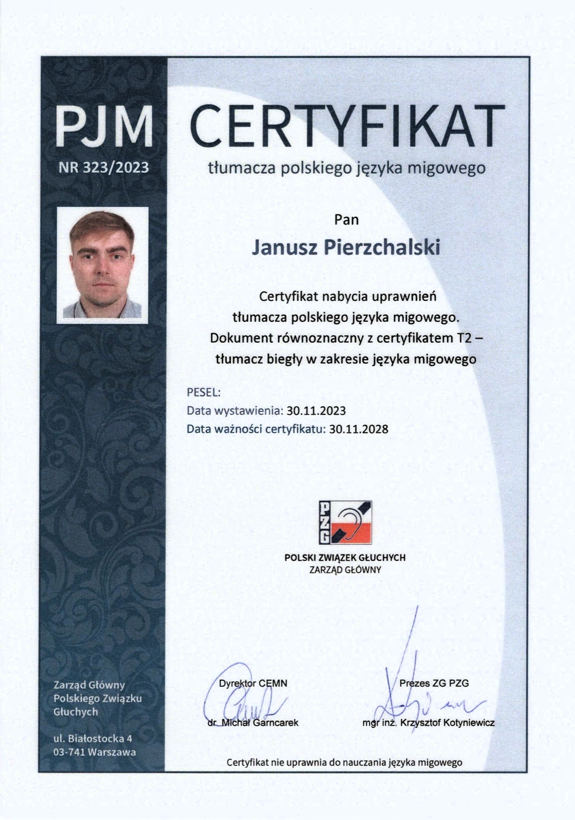 Skan: Certyfikat tłumacza PJM T2 Janusza Pierzchalskiego